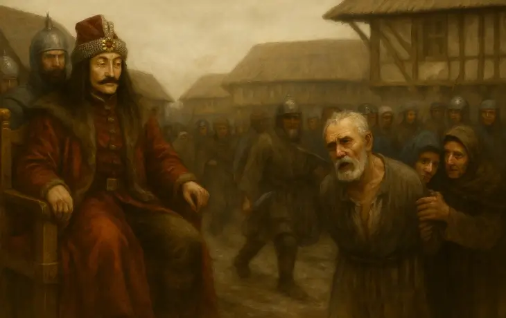 Orta çağda köylülerin askerler tarafından Vlad Tepeş'in huzuruna çıkarıldığı kalabalık sahne tasviri.